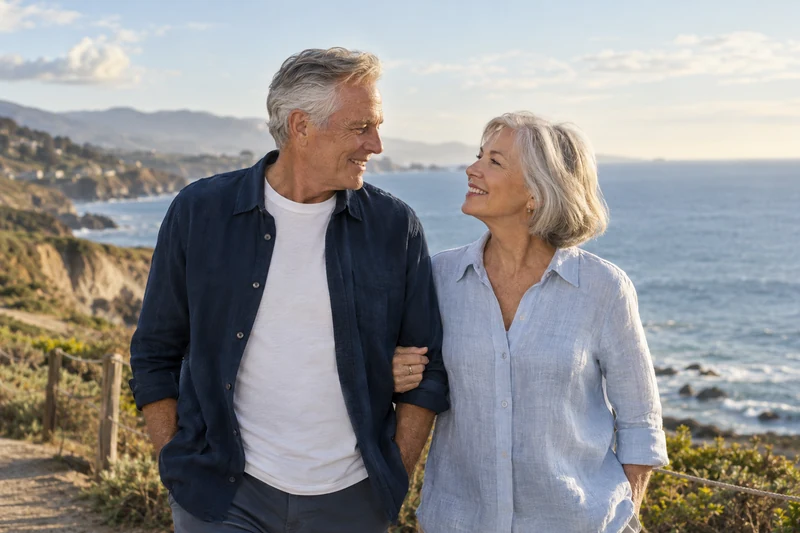 Illustrative photograph of an older couple enjoying a coastal walk