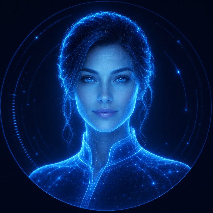 Cora, Medcora's AI Medicare assistant, shown as a blue holographic figure