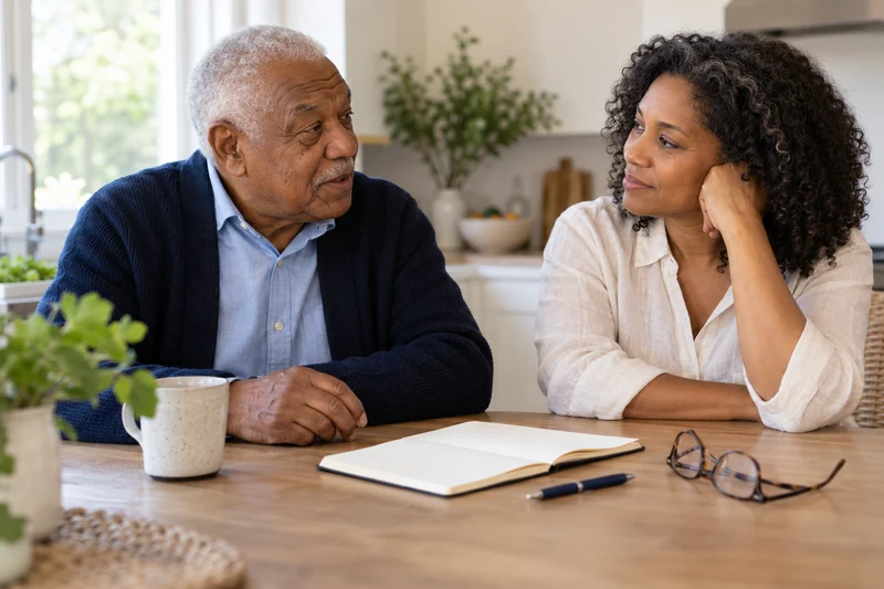 An older father talking with his adult daughter at a kitchen table