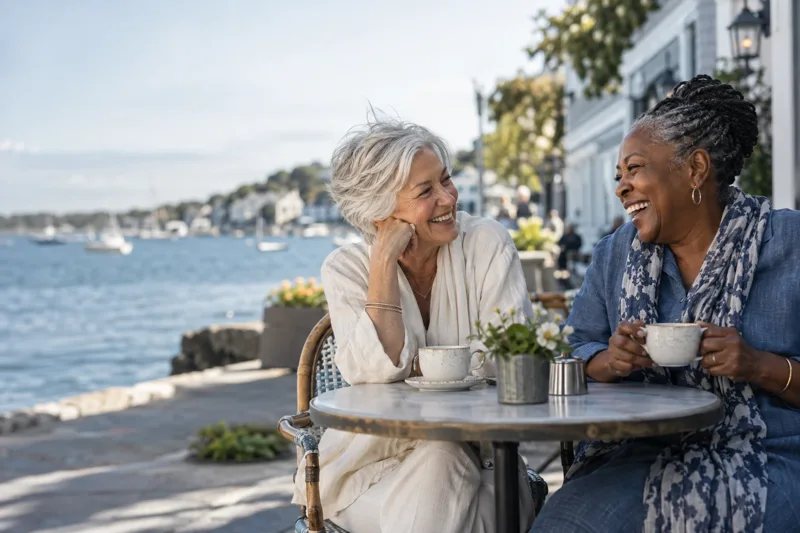 Illustrative photograph of two older friends enjoying a conversation beside the water