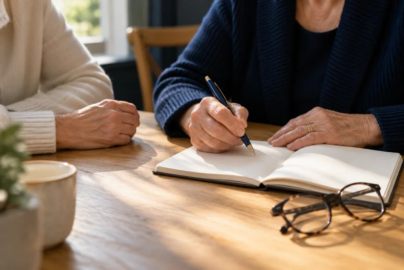 Illustrative close view of hands preparing questions in a notebook